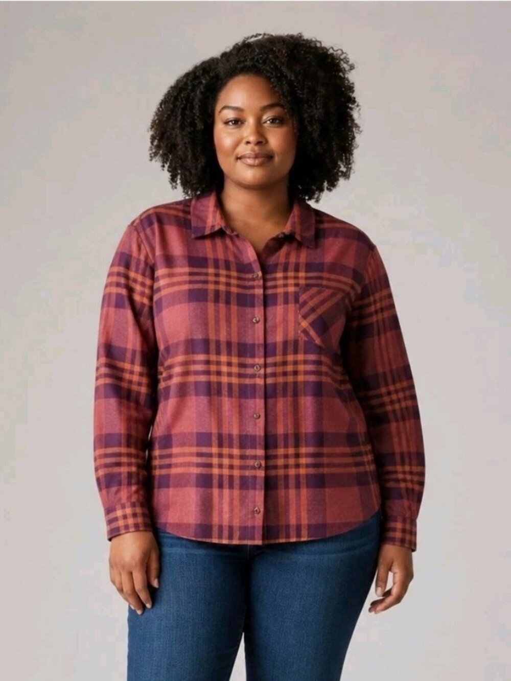 Field & Stream Womens XL Plaid Flannel Shirt Purple Orange Button Up Long Sleeve